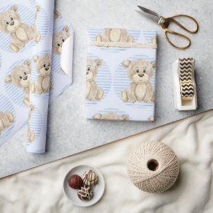 Teddy Bear Blue Pattern Waterverf Baby Boy Shower Cadeaupapier