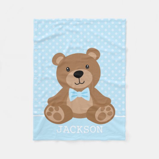 Teddy Bear Blue Polka Dot gepersonaliseerde jongen Fleece Deken (Voorkant)