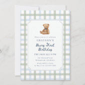 Teddy Bear Blue Sage Green First Birthday Kaart (Voorkant)