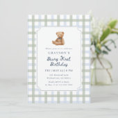 Teddy Bear Blue Sage Green First Birthday Kaart (Staand voorkant)