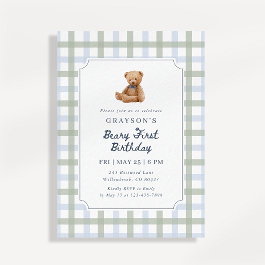Teddy Bear Blue Sage Green First Birthday Kaart