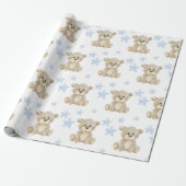 Teddy Bear Blue Stars Waterverf Baby shower Cadeaupapier (Uitgerold)