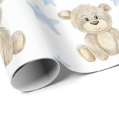 Teddy Bear Blue Stars Waterverf Baby shower Cadeaupapier (Rol Hoek)