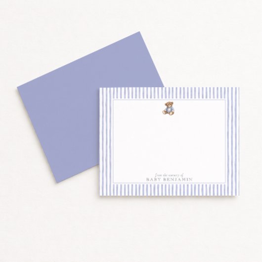 Teddy Bear Blue Stripe Preppy Nursery Note Card Kaart