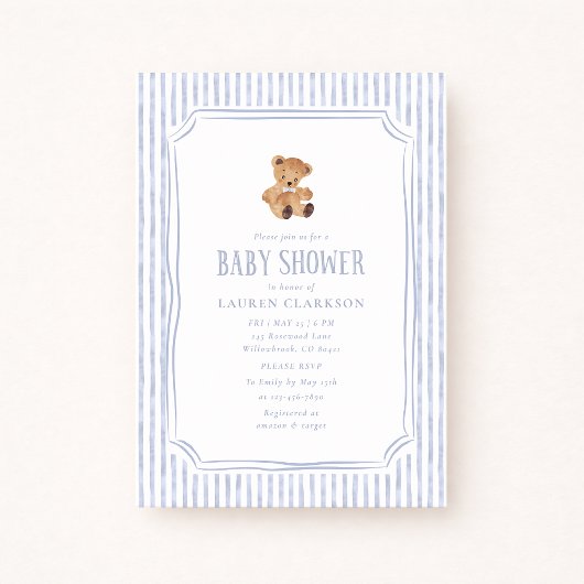 Teddy Bear Blue Stripes Baby Boy Baby Shower  Aankondiging