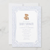 Teddy Bear Blue Stripes Baby Boy Baby Shower  Aankondiging (Voorkant)