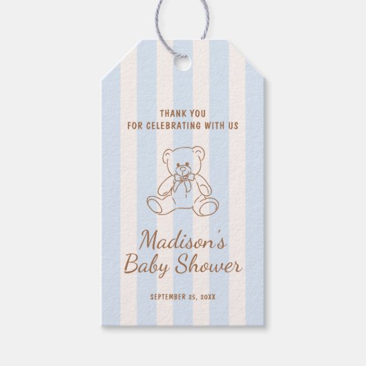 Teddy Bear Blue Stripes Baby Shower Cadeaulabel (Voorkant)