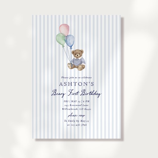 Teddy Bear Blue Stripes First Birthday Invitation  Aankondiging