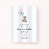 Teddy Bear Blue Stripes First Birthday Invitation  Aankondiging