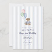 Teddy Bear Blue Stripes First Birthday Invitation  Aankondiging (Voorkant)