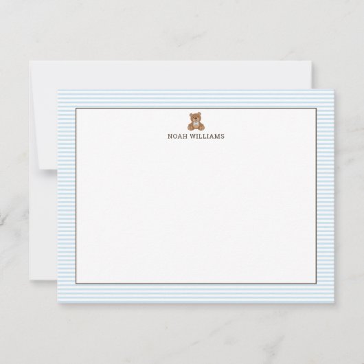 Teddy Bear Blue Stripes Personalized Stationery Notitiekaartje (Voorkant)