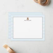 Teddy Bear Blue Stripes Personalized Stationery Notitiekaartje (Voorkant / Achterkant in situ)
