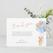 Teddy Bear Blue Tan Balloons Baby shower Bedankkaart (Staand voorkant)