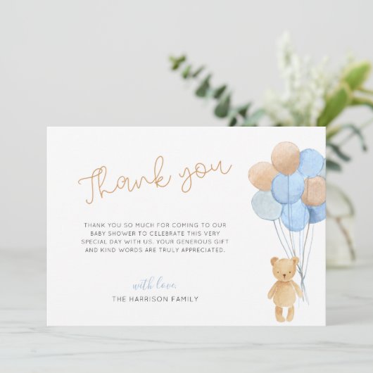 Teddy Bear Blue Tan Balloons Baby shower Bedankkaart (Staand voorkant)