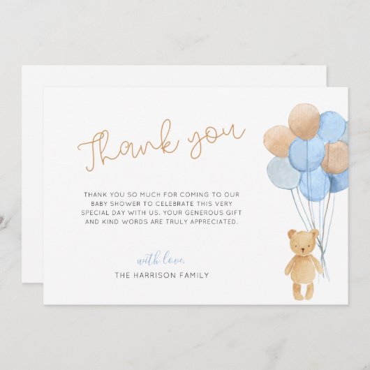 Teddy Bear Blue Tan Balloons Baby shower Bedankkaart (Voorkant / Achterkant)