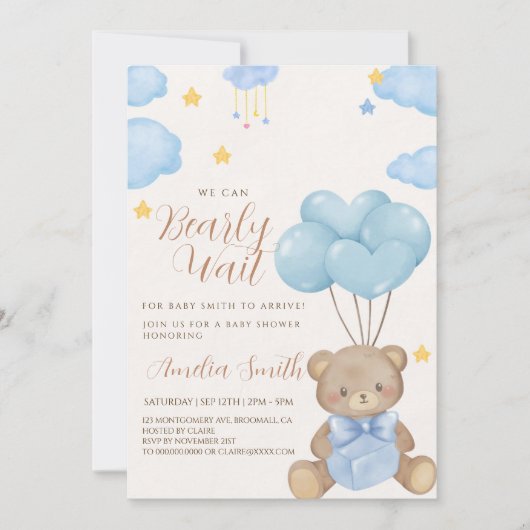 Teddy Bear Blue Tan Balloons Baby shower Kaart (Voorkant)