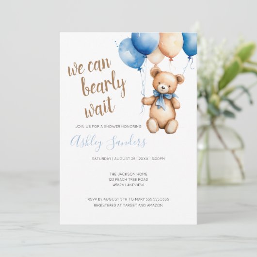 Teddy Bear Blue Tan Balloons Baby shower Kaart (Staand voorkant)