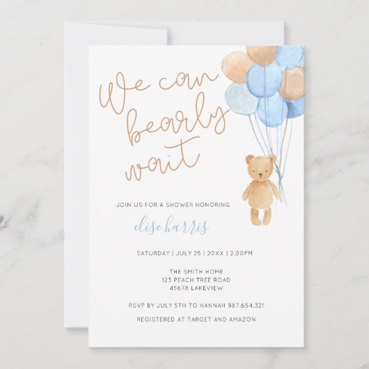 Teddy Bear Blue Tan Balloons Baby shower Kaart (Voorkant)