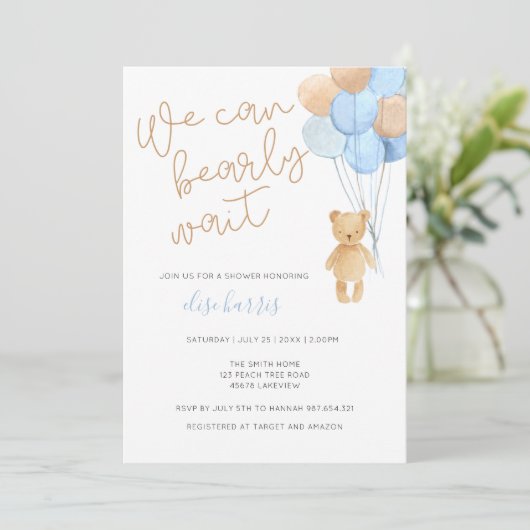 Teddy Bear Blue Tan Balloons Baby shower Kaart (Staand voorkant)