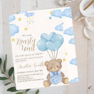 Teddy Bear Blue Tan Balloons Baby shower Kaart