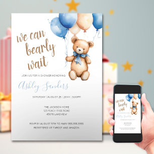 Teddy Bear Blue Tan Balloons Baby shower Kaart