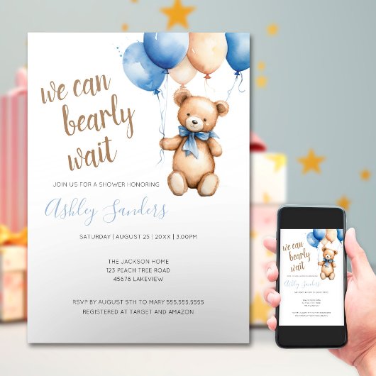 Teddy Bear Blue Tan Balloons Baby shower Kaart