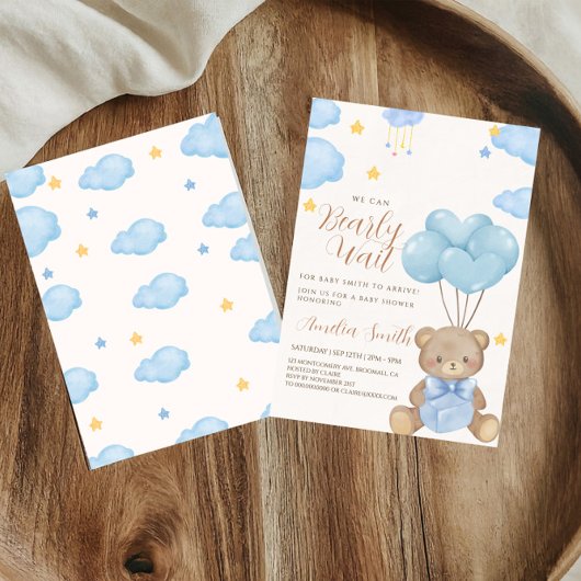 Teddy Bear Blue Tan Balloons Baby shower Kaart