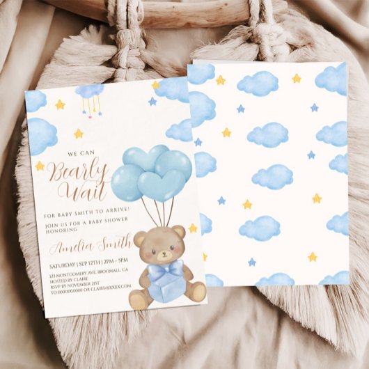 Teddy Bear Blue Tan Balloons Baby shower Kaart