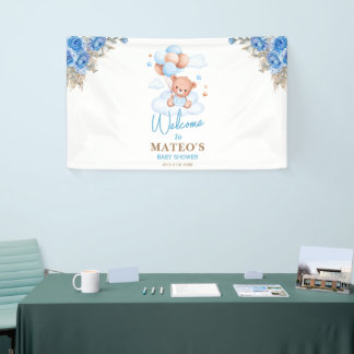 Teddy Bear Blue Tan Balloons Baby shower Welkom Spandoek