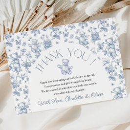 Teddy Bear Blue Toile Baby shower Dank u kaart