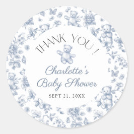 Teddy Bear Blue Toile Boy Baby shower Bedankt Ronde Sticker