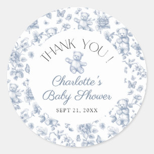Teddy Bear Blue Toile Boy Baby shower Bedankt Ronde Sticker