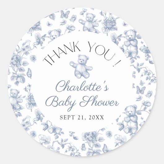 Teddy Bear Blue Toile Boy Baby shower Bedankt Ronde Sticker (Voorkant)