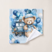 Teddy Bear Blue Train Boy Baby shower Bad Handdoek (Wasdoekje)