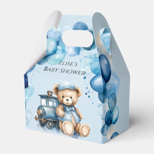 Teddy Bear Blue Train Boy Baby shower Bedankdoosjes (Voorkant Zijde)
