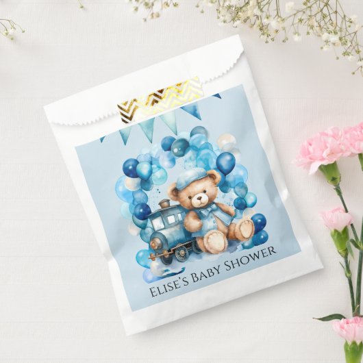 Teddy Bear Blue Train Boy Baby shower Bedankzakje (Gezegeld)
