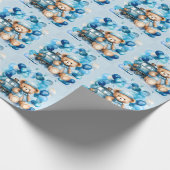 Teddy Bear Blue Train Boy Baby shower Cadeaupapier (Hoek)