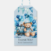 Teddy Bear Blue Train Boy Baby shower Dank u Cadeaulabel (Voorkant)