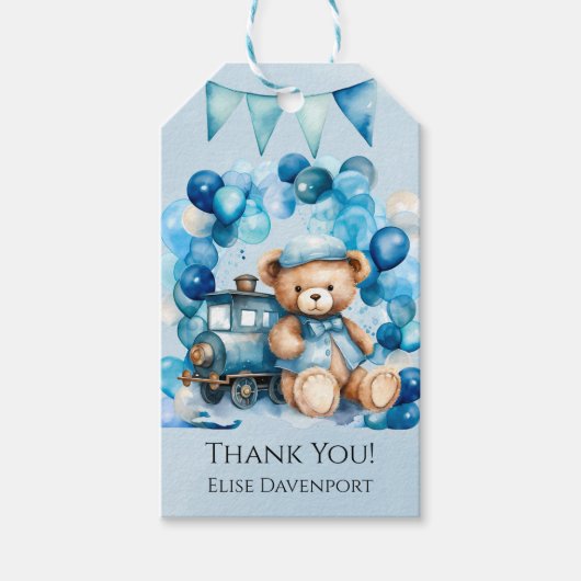 Teddy Bear Blue Train Boy Baby shower Dank u Cadeaulabel (Voorkant)