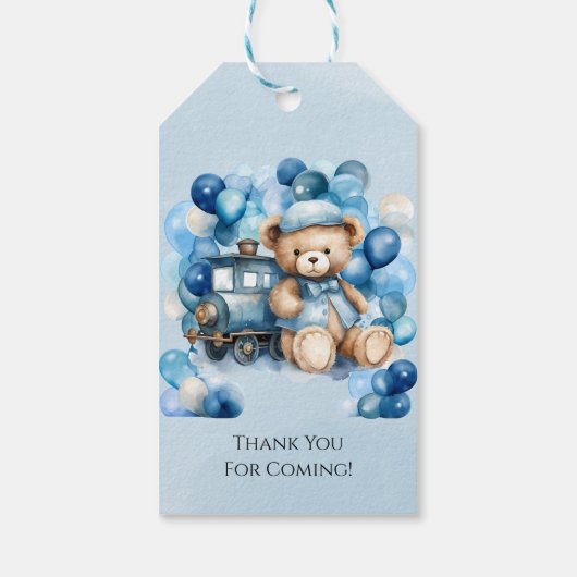 Teddy Bear Blue Train Boy Baby shower Dank u Cadeaulabel (Achterkant)