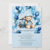 Teddy Bear Blue Train Boy Baby shower Kaart (Voorkant)