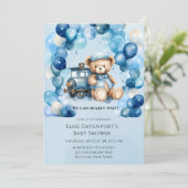Teddy Bear Blue Train Boy Baby shower Kaart (Staand voorkant)