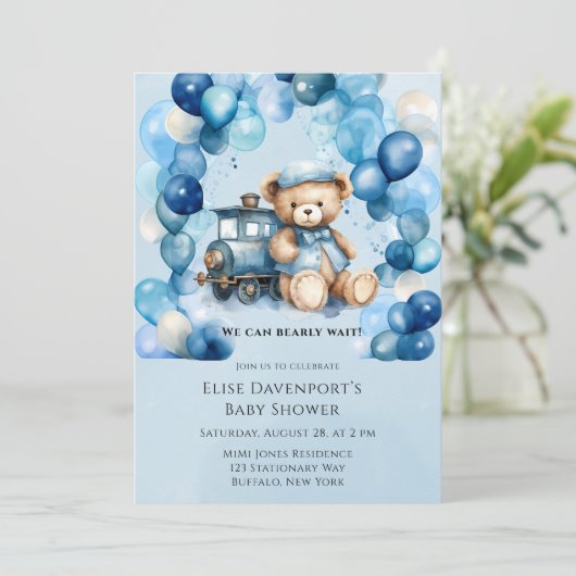 Teddy Bear Blue Train Boy Baby shower Kaart (Staand voorkant)
