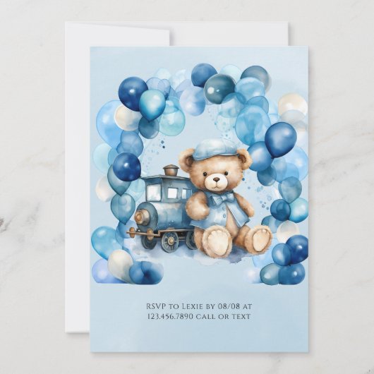 Teddy Bear Blue Train Boy Baby shower Kaart (Achterkant)