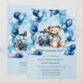 Teddy Bear Blue Train Boy Baby shower Kaart (Voorkant / Achterkant)