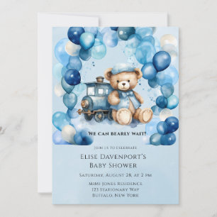 Teddy Bear Blue Train Boy Baby shower Kaart