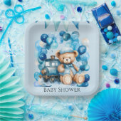 Teddy Bear Blue Train Boy Baby shower Papieren Bordje (Feest)