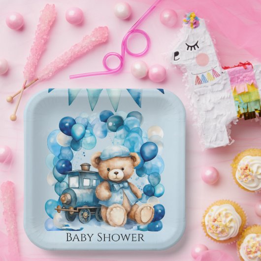 Teddy Bear Blue Train Boy Baby shower Papieren Bordje (Feest)
