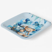 Teddy Bear Blue Train Boy Baby shower Papieren Bordje (Gebogen)