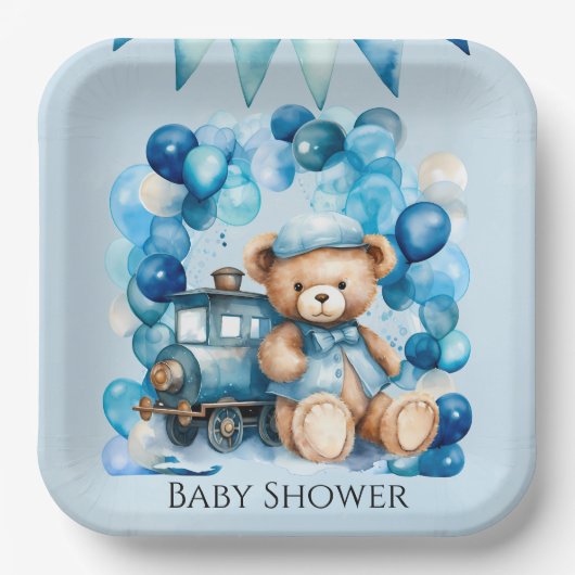 Teddy Bear Blue Train Boy Baby shower Papieren Bordje (Voorkant)